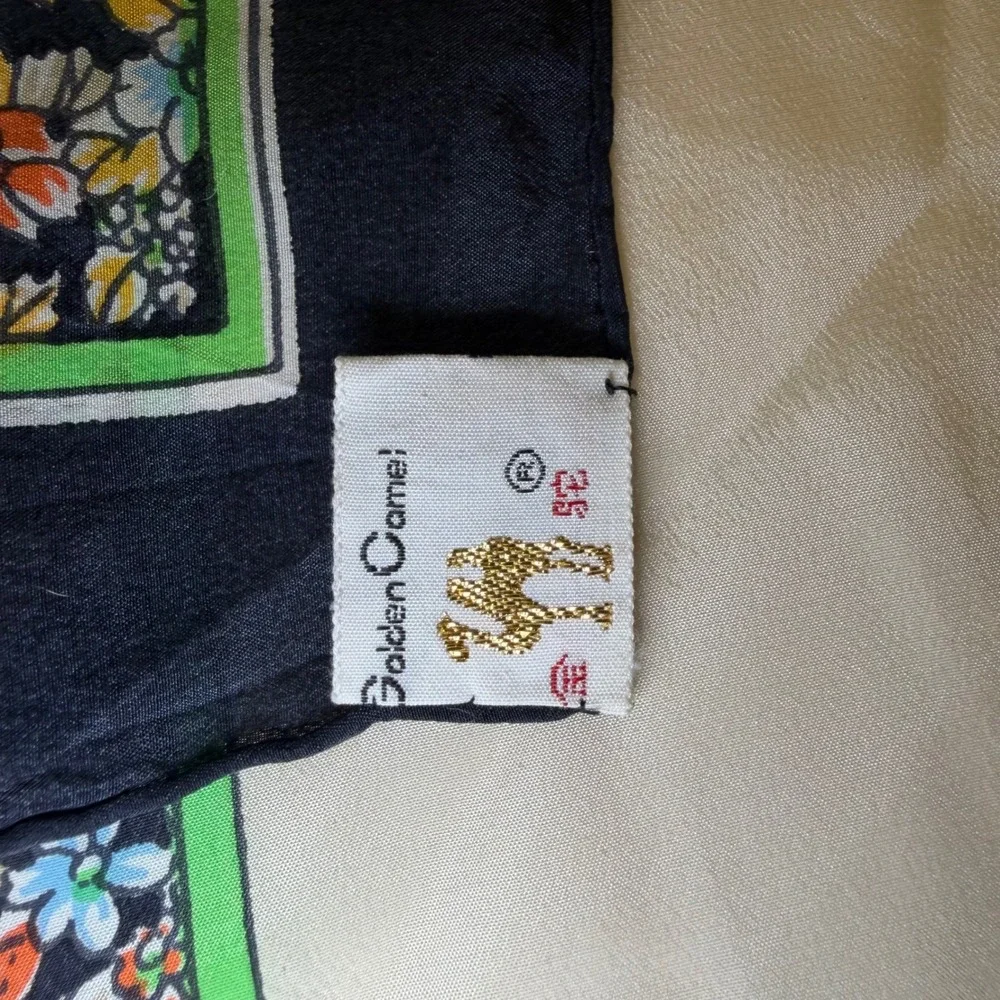 Golden Camel Vintage 100% Silk Scarf Floral Border Hand Rolled Navy Cream 30x30